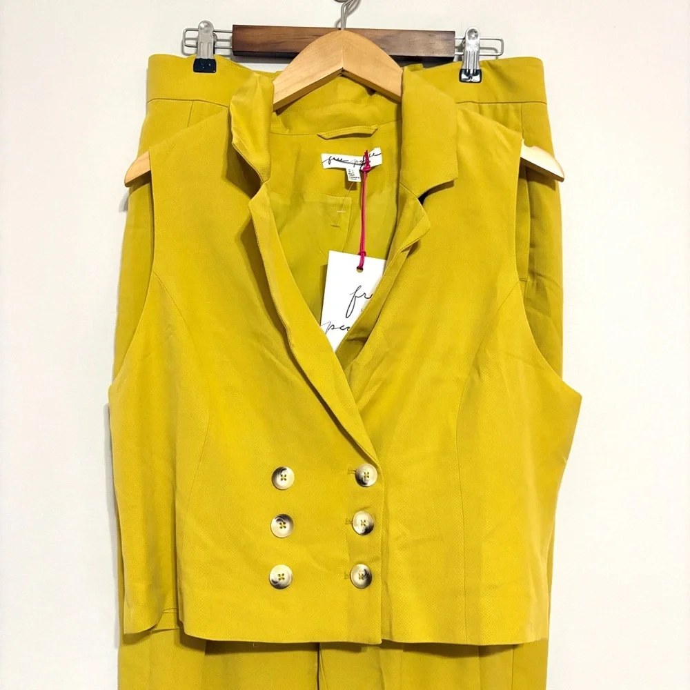 Free People Gabbie Vest Suit Set Bitter Oil Yellow Mid Rise Pant NEW Size 12 NWT
